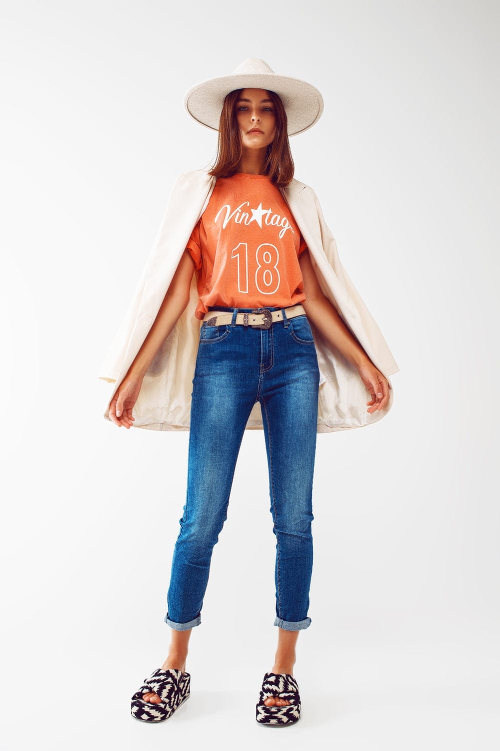 Q2 Women's Tees & Tanks One Size / Orange / Italia T-Shirt with Vintage 18 Text in orange