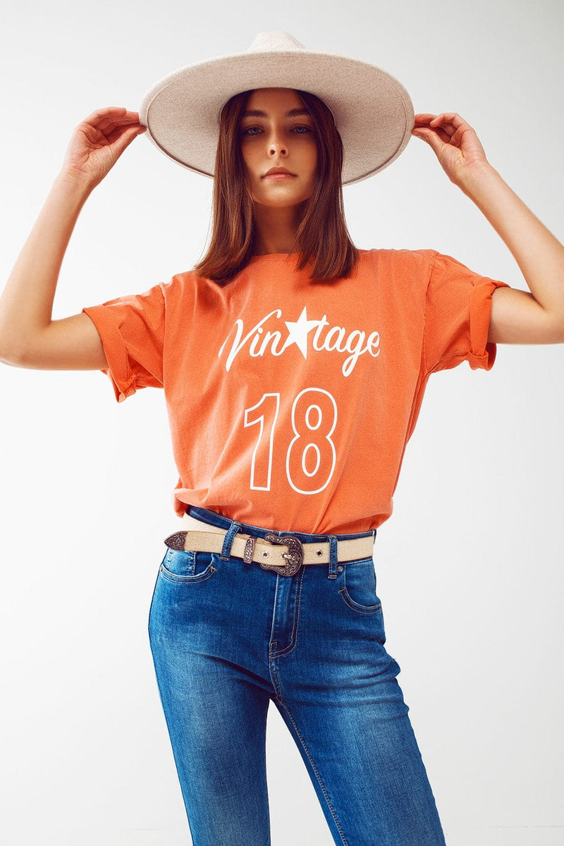 Q2 Women's Tees & Tanks One Size / Orange / Italia T-Shirt with Vintage 18 Text in orange