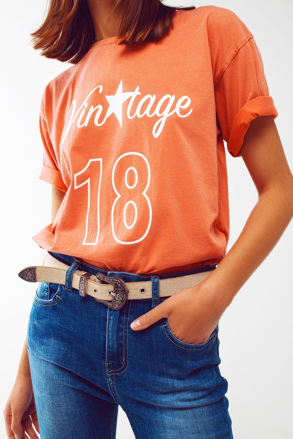 Q2 Women's Tees & Tanks One Size / Orange / Italia T-Shirt with Vintage 18 Text in orange