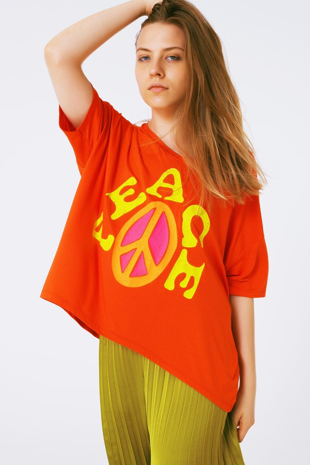 Q2 Women's Tees & Tanks One Size / Orange Oversized T-Shirt With Peace Text In Orange