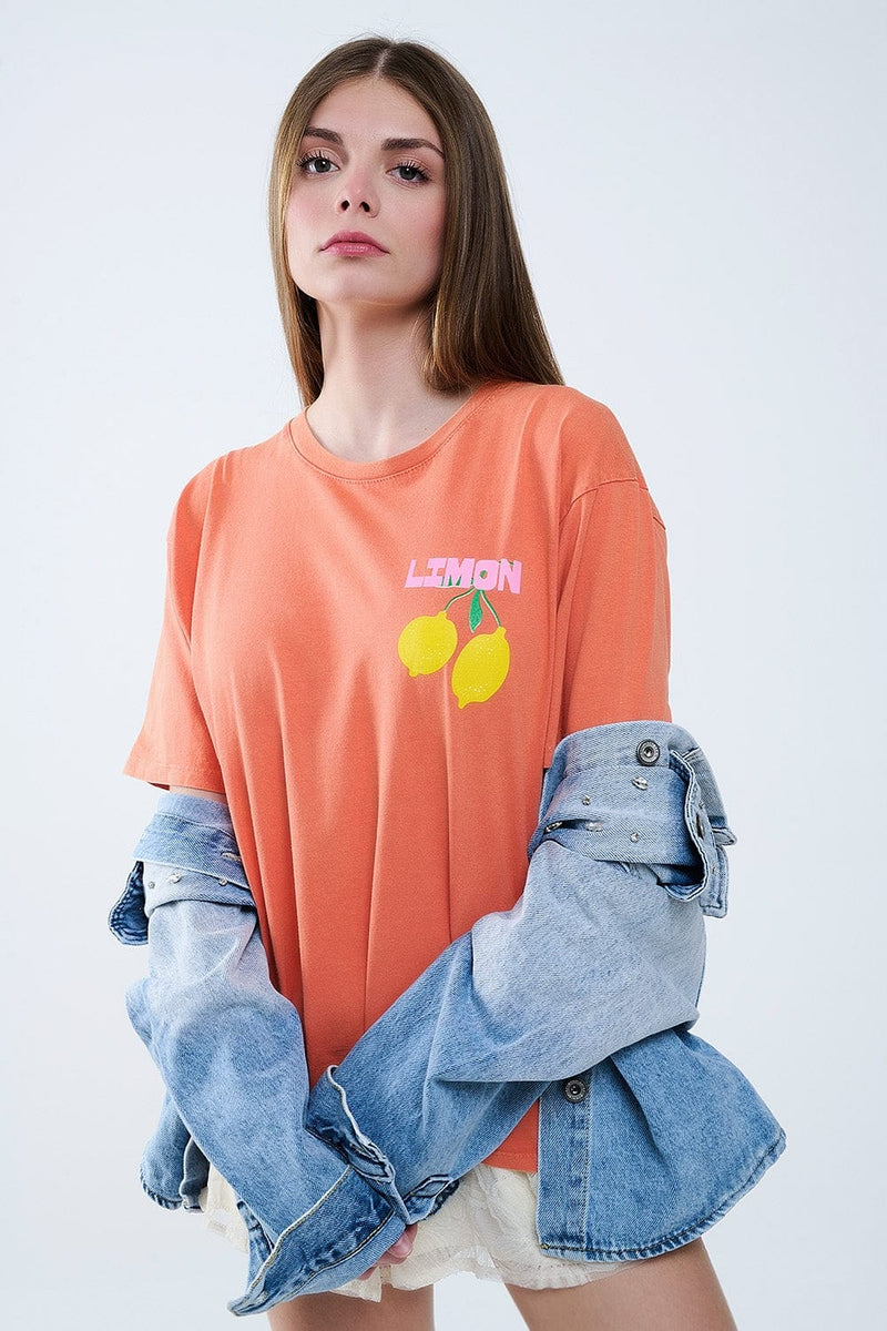 Q2 Women's Tees & Tanks One Size / Orange Relaxed Orange T-Shirt With Lemon Print