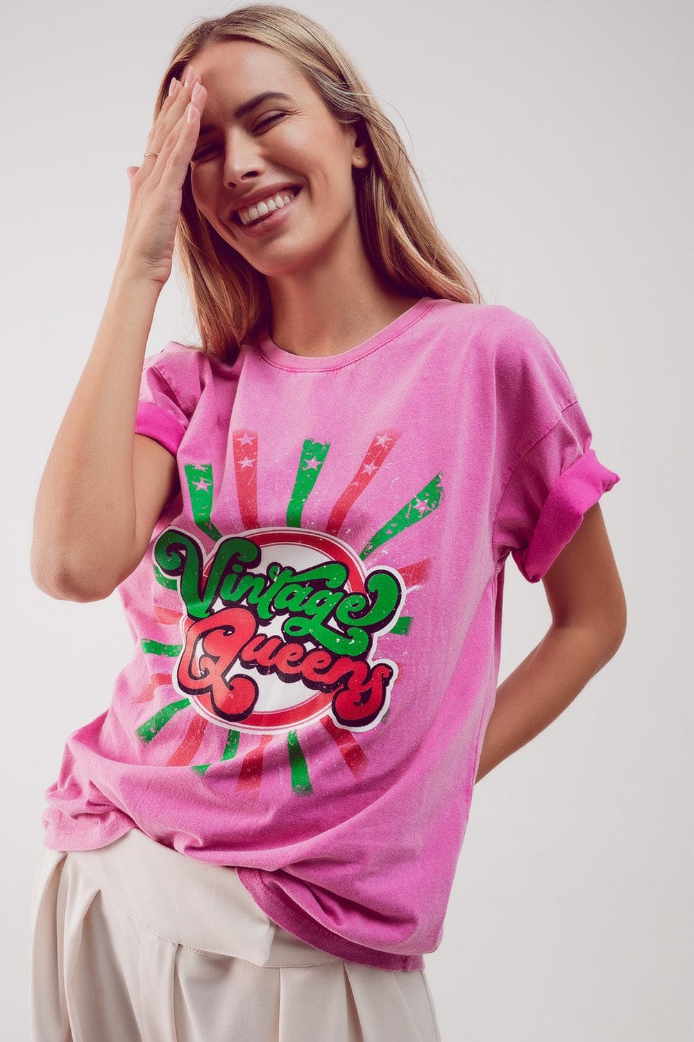 Q2 Women's Tees & Tanks One Size / Pink / China Relaxed T Shirt with Pink Vintage Queens Graphic Print