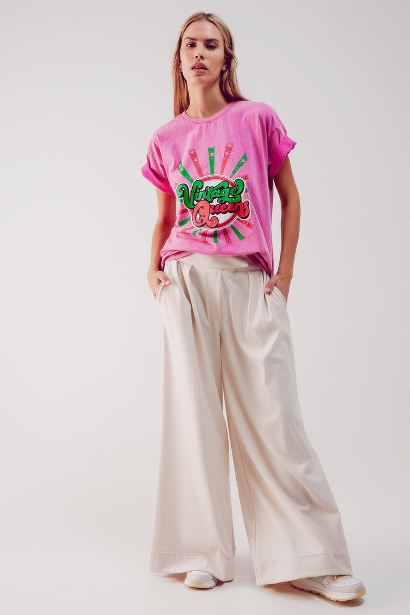 Q2 Women's Tees & Tanks One Size / Pink / China Relaxed T Shirt with Pink Vintage Queens Graphic Print