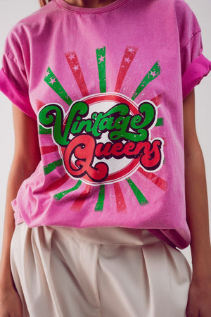 Q2 Women's Tees & Tanks One Size / Pink / China Relaxed T Shirt with Pink Vintage Queens Graphic Print