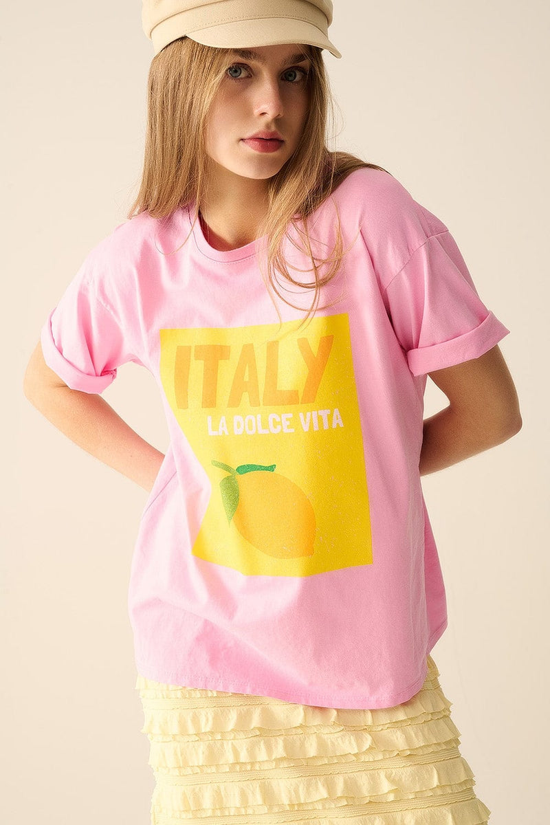 Q2 Women's Tees & Tanks One Size / Pink Italy La Dolce Vita Baby Pink T-Shirt With Graphic Print