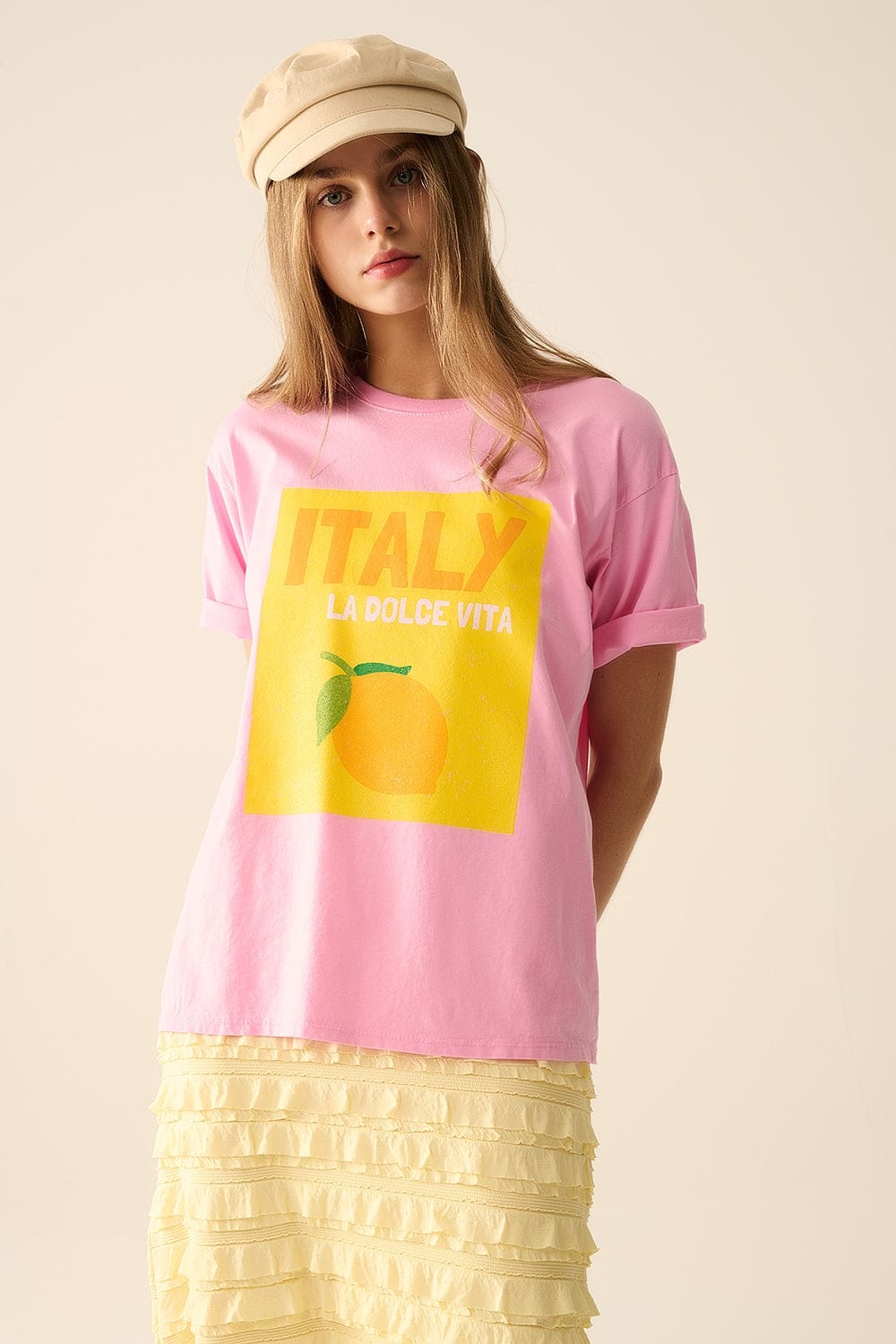 Q2 Women's Tees & Tanks One Size / Pink Italy La Dolce Vita Baby Pink T-Shirt With Graphic Print