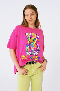 Q2 Women's Tees & Tanks One Size / Pink Loose-Fitting Fuchsia T-Shirt With Colored Bear