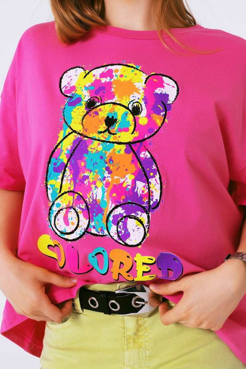 Q2 Women's Tees & Tanks One Size / Pink Loose-Fitting Fuchsia T-Shirt With Colored Bear