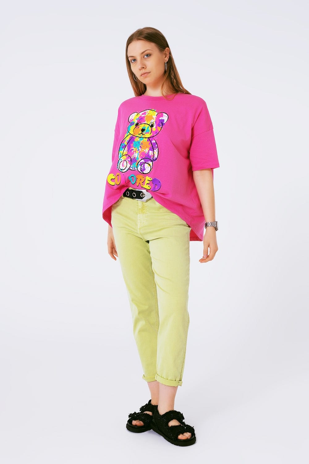 Q2 Women's Tees & Tanks One Size / Pink Loose-Fitting Fuchsia T-Shirt With Colored Bear