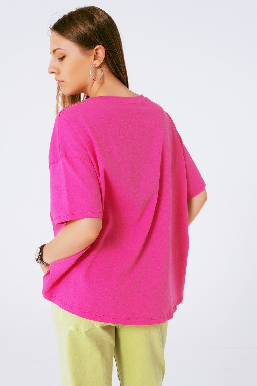 Q2 Women's Tees & Tanks One Size / Pink Loose-Fitting Fuchsia T-Shirt With Colored Bear