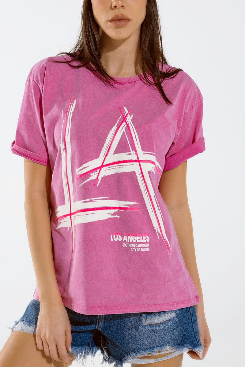 Q2 Women's Tees & Tanks One Size / Pink Oversized Fuchsia T-Shirt Printed La Los Angeles In White And Fuchsia