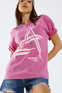 Q2 Women's Tees & Tanks One Size / Pink Oversized Fuchsia T-Shirt Printed La Los Angeles In White And Fuchsia