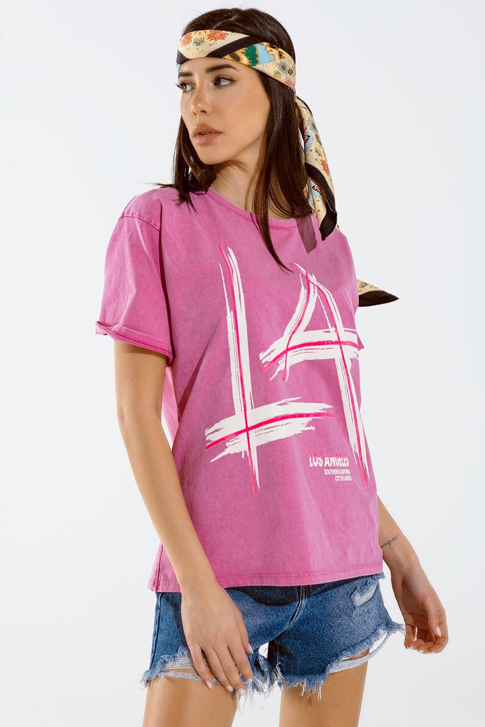 Q2 Women's Tees & Tanks One Size / Pink Oversized Fuchsia T-Shirt Printed La Los Angeles In White And Fuchsia