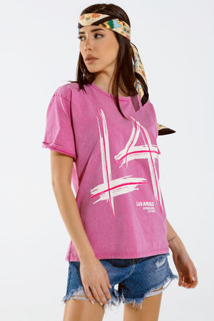 Q2 Women's Tees & Tanks One Size / Pink Oversized Fuchsia T-Shirt Printed La Los Angeles In White And Fuchsia