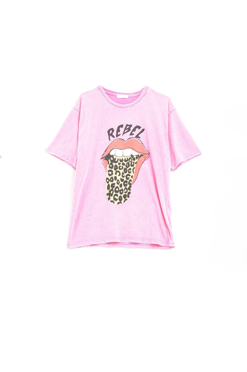 Q2 Women's Tees & Tanks One Size / Pink Pink Rebel Graphic Tee With Leopard Print Tongue