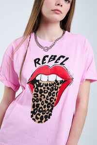 Q2 Women's Tees & Tanks One Size / Pink Pink Rebel Graphic Tee With Leopard Print Tongue