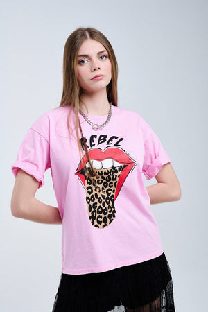 Q2 Women's Tees & Tanks One Size / Pink Pink Rebel Graphic Tee With Leopard Print Tongue