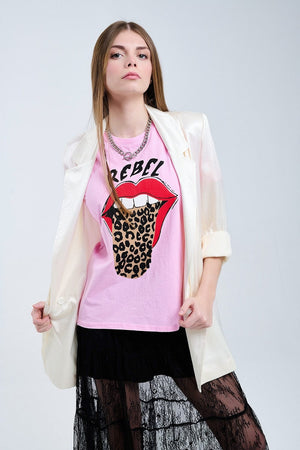 Q2 Women's Tees & Tanks One Size / Pink Pink Rebel Graphic Tee With Leopard Print Tongue