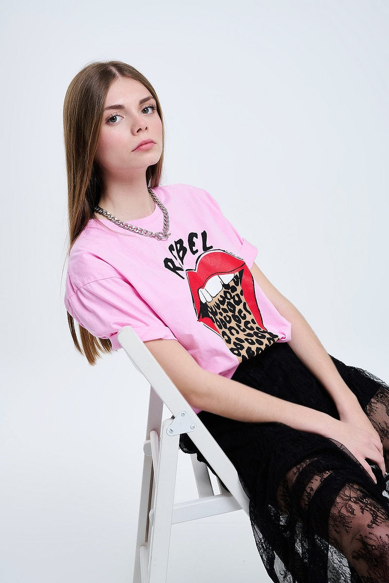 Q2 Women's Tees & Tanks One Size / Pink Pink Rebel Graphic Tee With Leopard Print Tongue