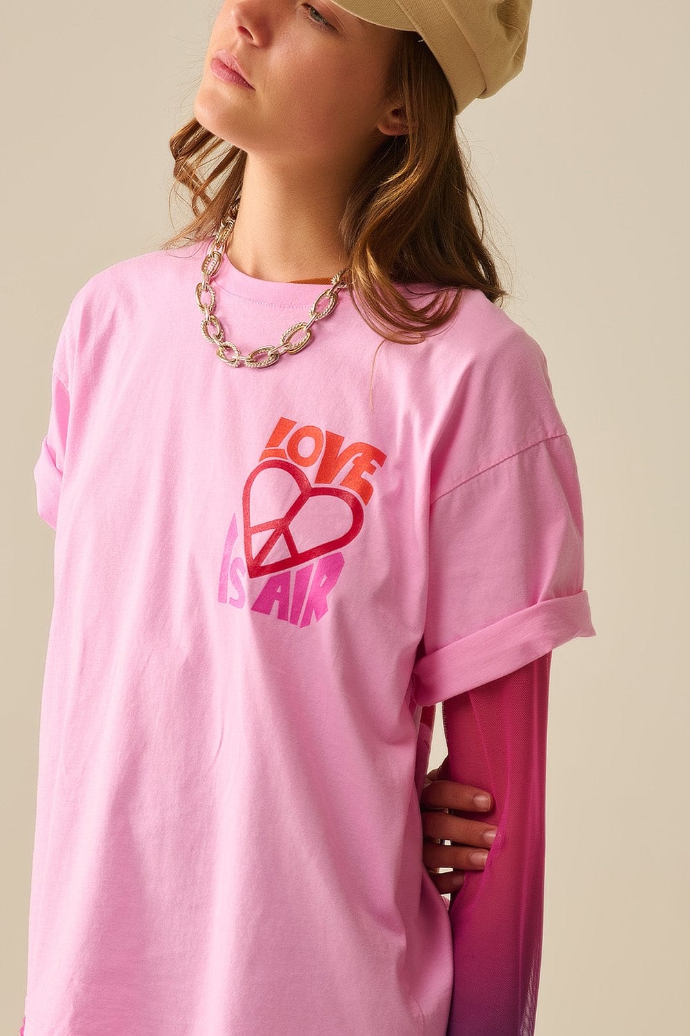 Q2 Women's Tees & Tanks One Size / Pink Pink T-Shirt With Love Is Air And Heart With Peace Logo