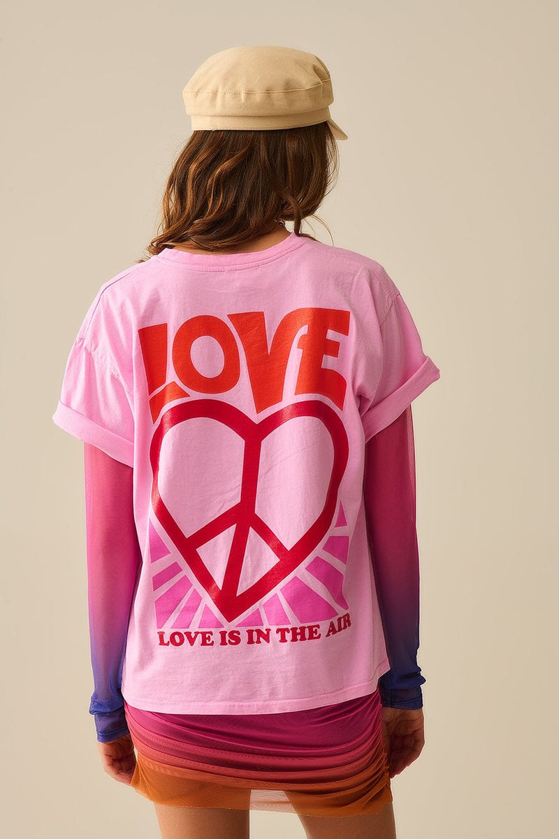 Q2 Women's Tees & Tanks One Size / Pink Pink T-Shirt With Love Is Air And Heart With Peace Logo