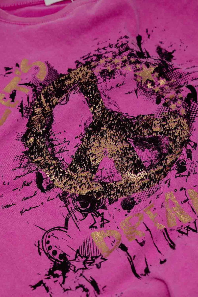 Q2 Women's Tees & Tanks One Size / Pink Short Sleeve T-Shirt With Graphic Peace Sign Design At The Front In Fuchsia