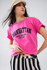 Q2 Women's Tees & Tanks One Size / Pink Short Sleeve T-Shirt With Graphic Text Manhattan In Pink