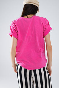 Q2 Women's Tees & Tanks One Size / Pink Short Sleeve T-Shirt With Graphic Text Manhattan In Pink