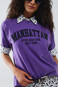 Q2 Women's Tees & Tanks One Size / Purple Purple Relaxed T-Shirt With Manhattan Text