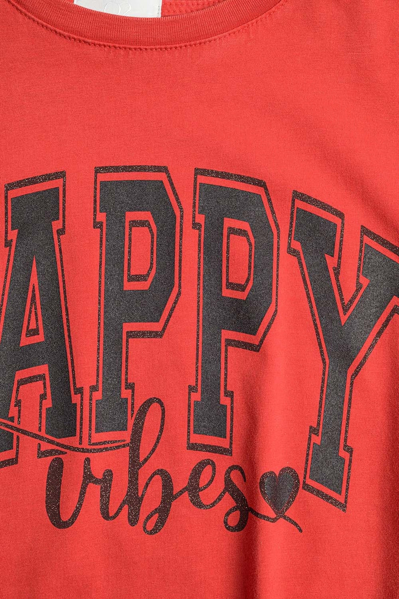 Q2 Women's Tees & Tanks One Size / Red Happy Vibes Graphic Relaxed T-Shirt In Red Color