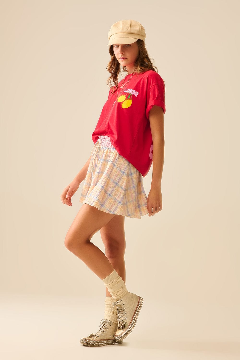 Q2 Women's Tees & Tanks One Size / Red Relaxed Red T-Shirt With Lemon Print Made In Italy