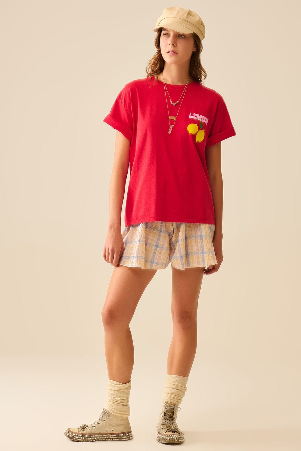 Q2 Women's Tees & Tanks One Size / Red Relaxed Red T-Shirt With Lemon Print Made In Italy