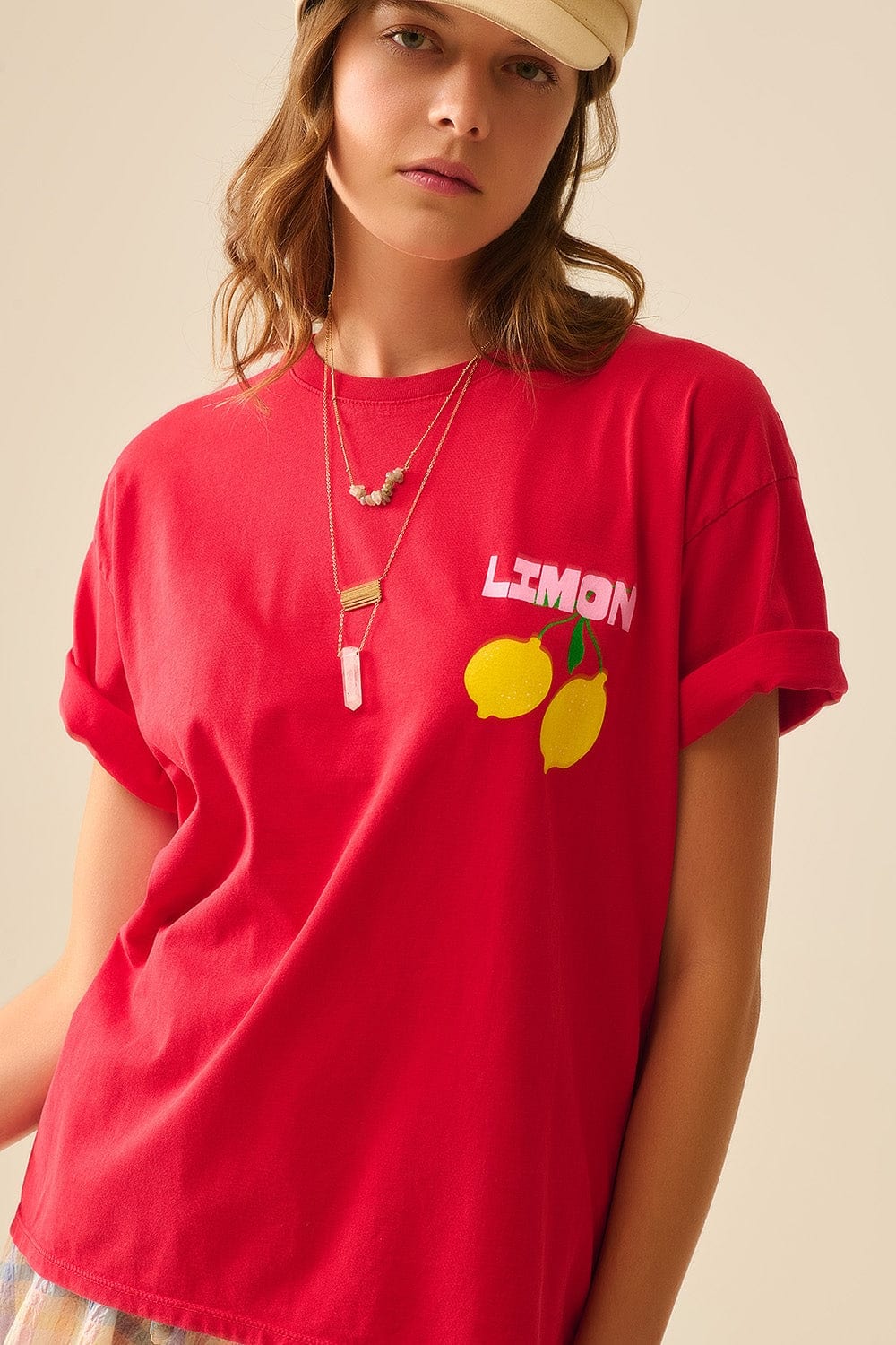Q2 Women's Tees & Tanks One Size / Red Relaxed Red T-Shirt With Lemon Print Made In Italy