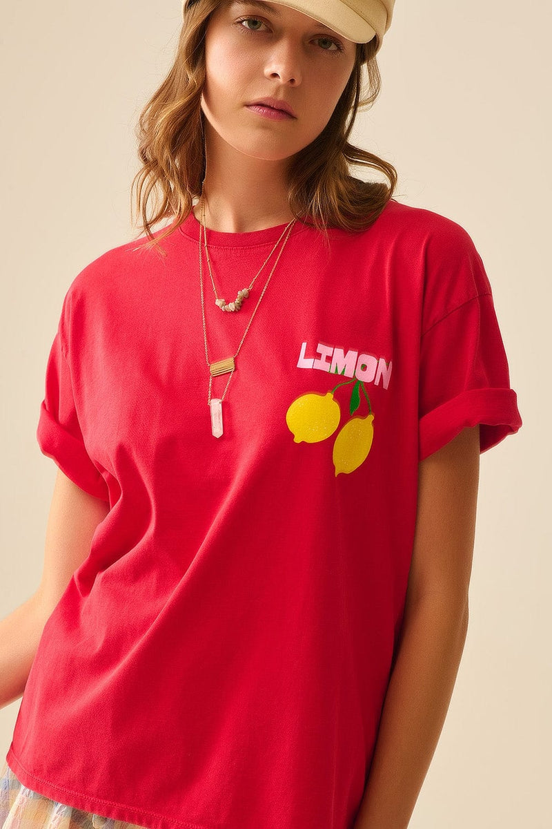 Q2 Women's Tees & Tanks One Size / Red Relaxed Red T-Shirt With Lemon Print Made In Italy