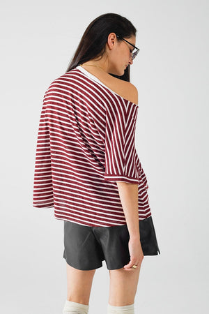 Q2 Women's Tees & Tanks One Size / Red Wide Striped Burgundy T-Shirt With Sequin Heart Decoration