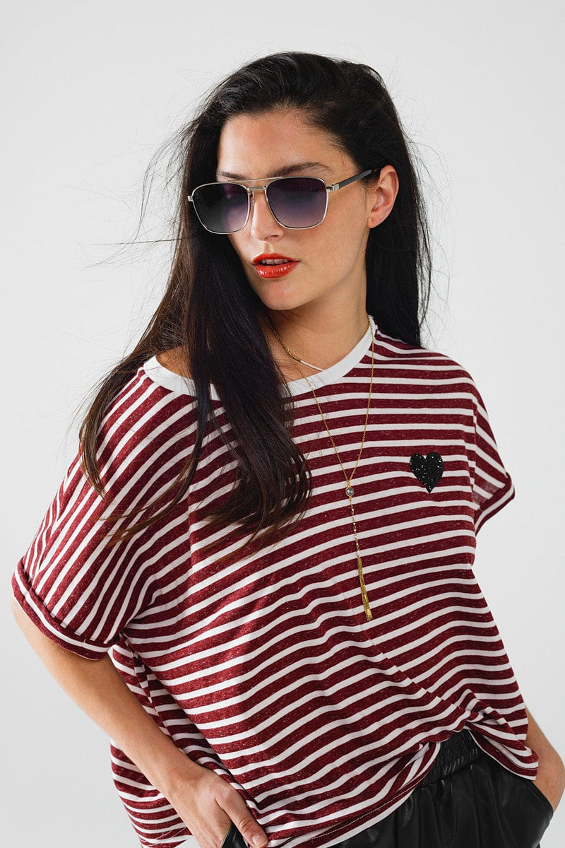 Q2 Women's Tees & Tanks One Size / Red Wide Striped Burgundy T-Shirt With Sequin Heart Decoration