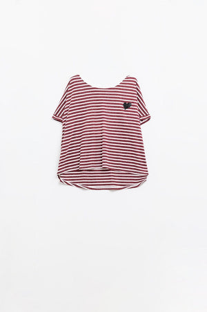 Q2 Women's Tees & Tanks One Size / Red Wide Striped Burgundy T-Shirt With Sequin Heart Decoration