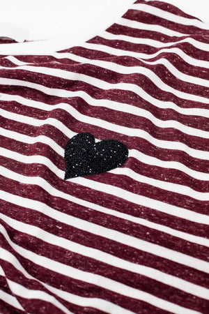 Q2 Women's Tees & Tanks One Size / Red Wide Striped Burgundy T-Shirt With Sequin Heart Decoration