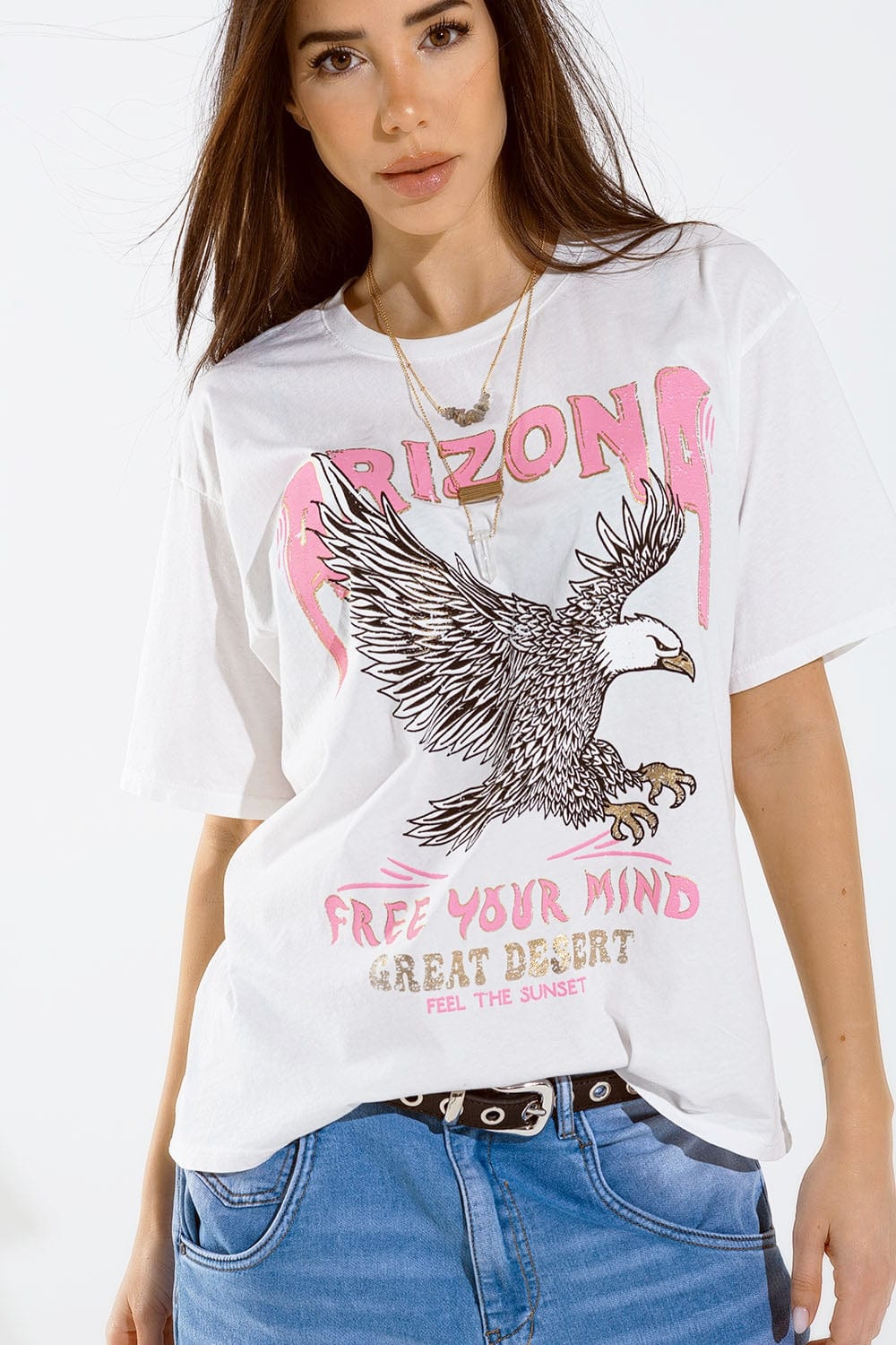 Q2 Women's Tees & Tanks One Size / White Arizona T-Shirt With Eagle Digital Print In White