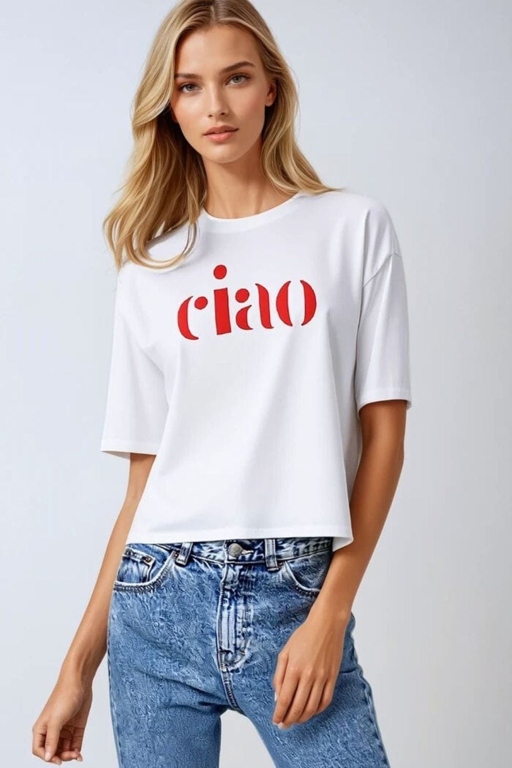 Q2 Women's Tees & Tanks One Size / White Cotton T-Shirt Made In Italy With Ciao Logo In Red