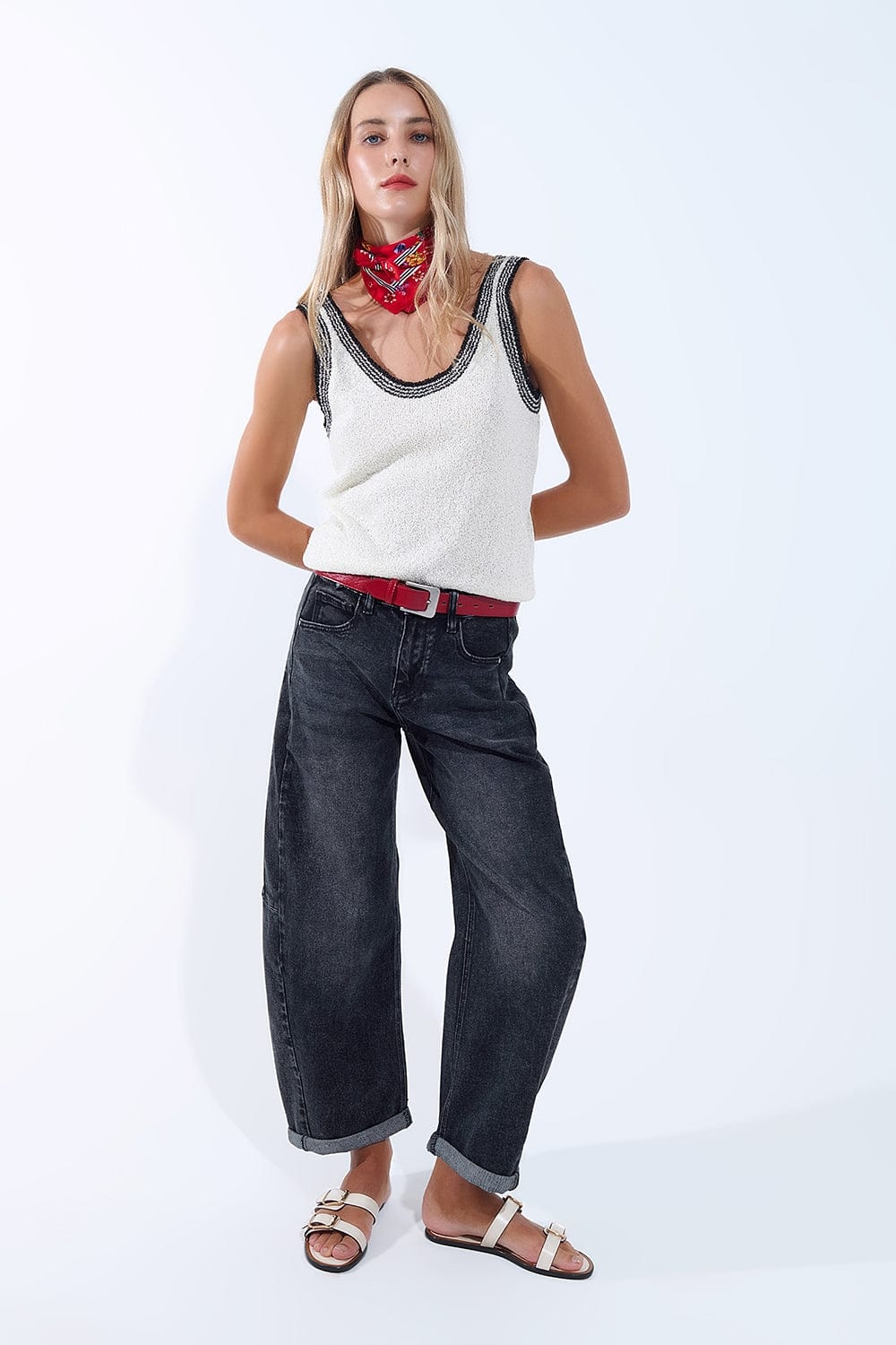 Q2 Women's Tees & Tanks One Size / White Cream Knit Tank Top With Black Trim