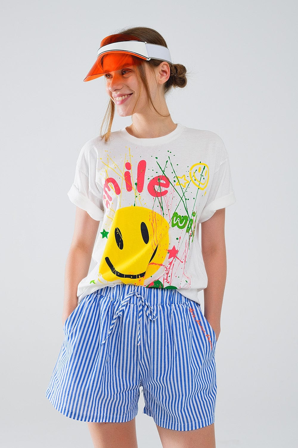 Q2 Women's Tees & Tanks One Size / White Graphic Smile With Me Text T-Shirt In White