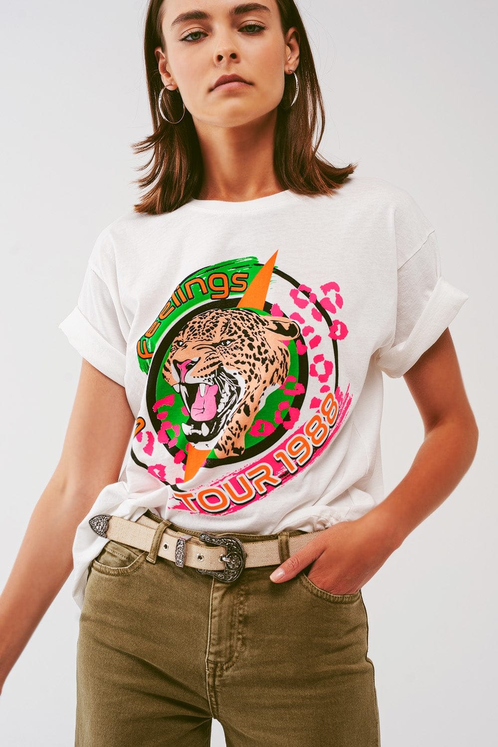 Q2 Women's Tees & Tanks One Size / White / Italia T-Shirt With Tiger Print logo in White