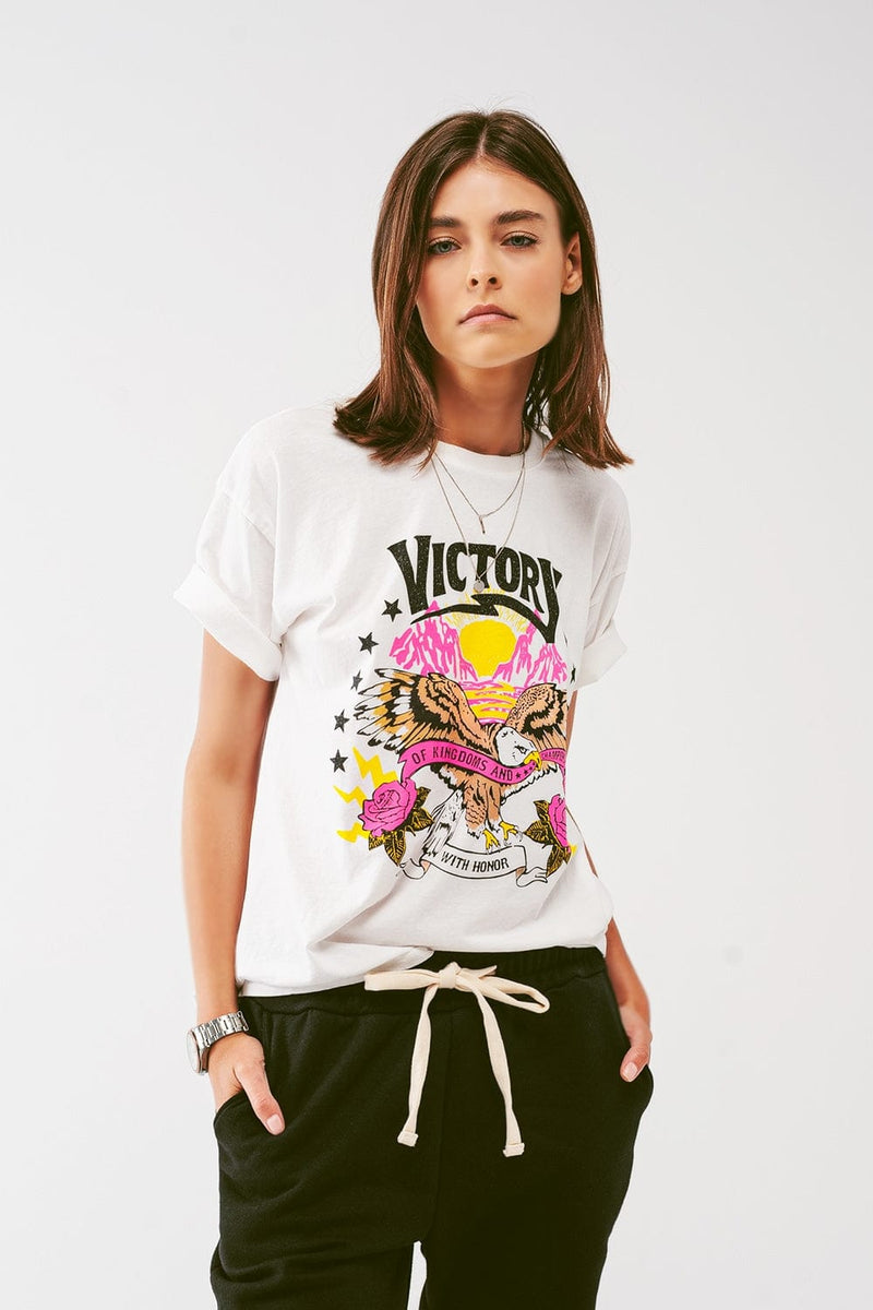 Q2 Women's Tees & Tanks One Size / White / Italia T-Shirt with Victory tT-Shirt with Victory Text in Grayish Whiteext in grayish White