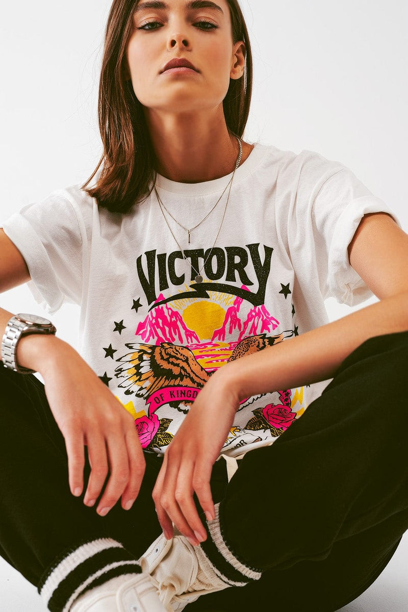 Q2 Women's Tees & Tanks One Size / White / Italia T-Shirt with Victory tT-Shirt with Victory Text in Grayish Whiteext in grayish White