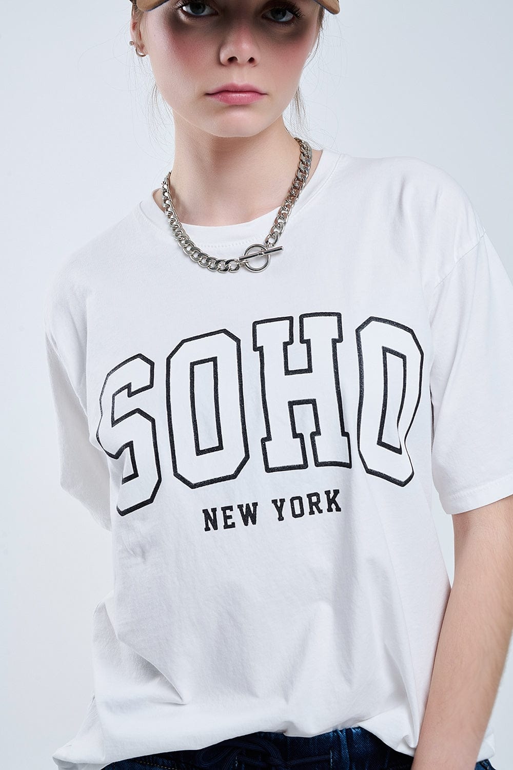 Q2 Women's Tees & Tanks One Size / White Oversized White T-Shirt With Soho New York At The Front
