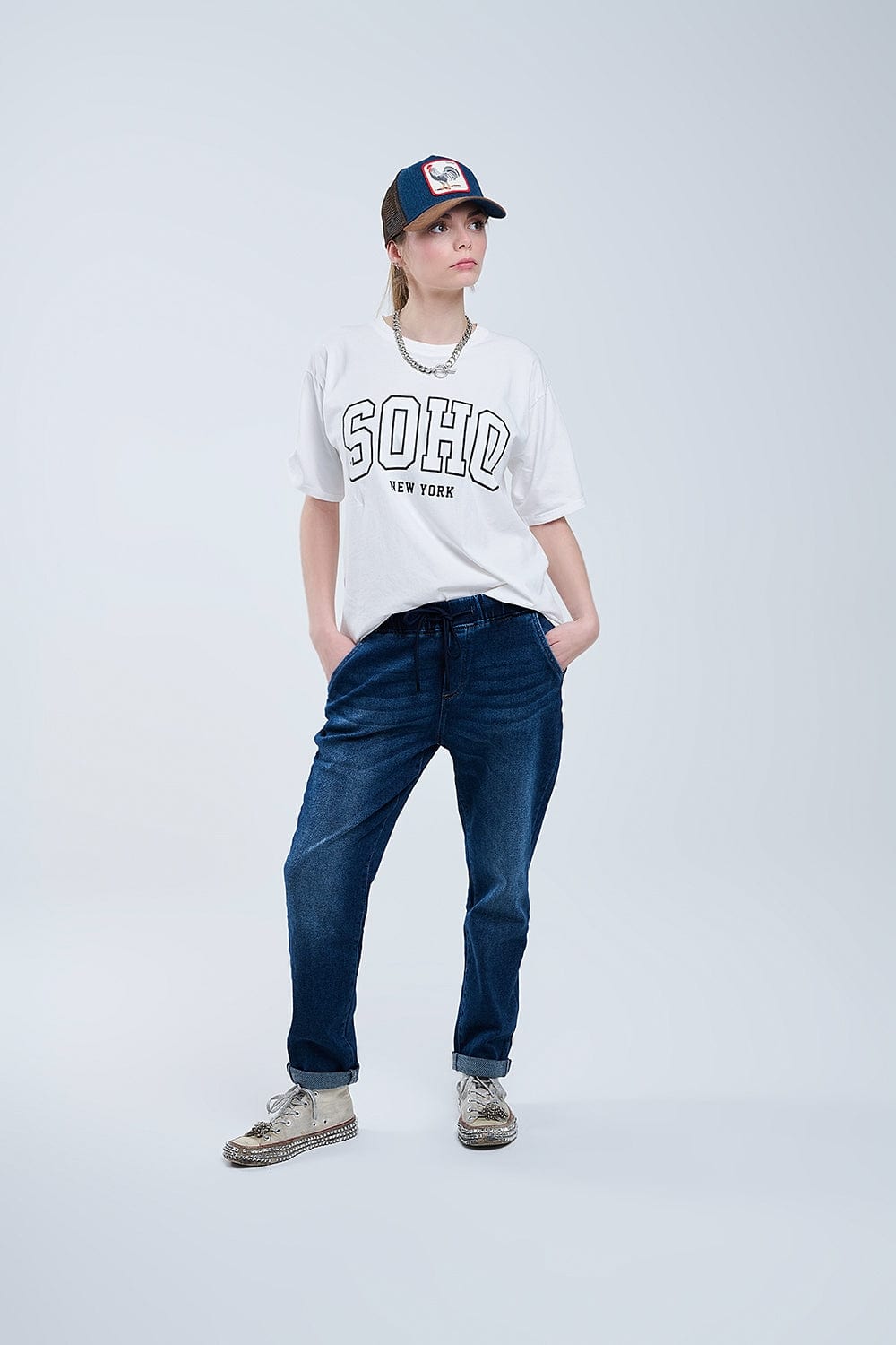 Q2 Women's Tees & Tanks One Size / White Oversized White T-Shirt With Soho New York At The Front