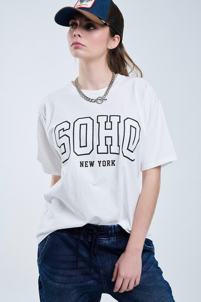 Q2 Women's Tees & Tanks One Size / White Oversized White T-Shirt With Soho New York At The Front
