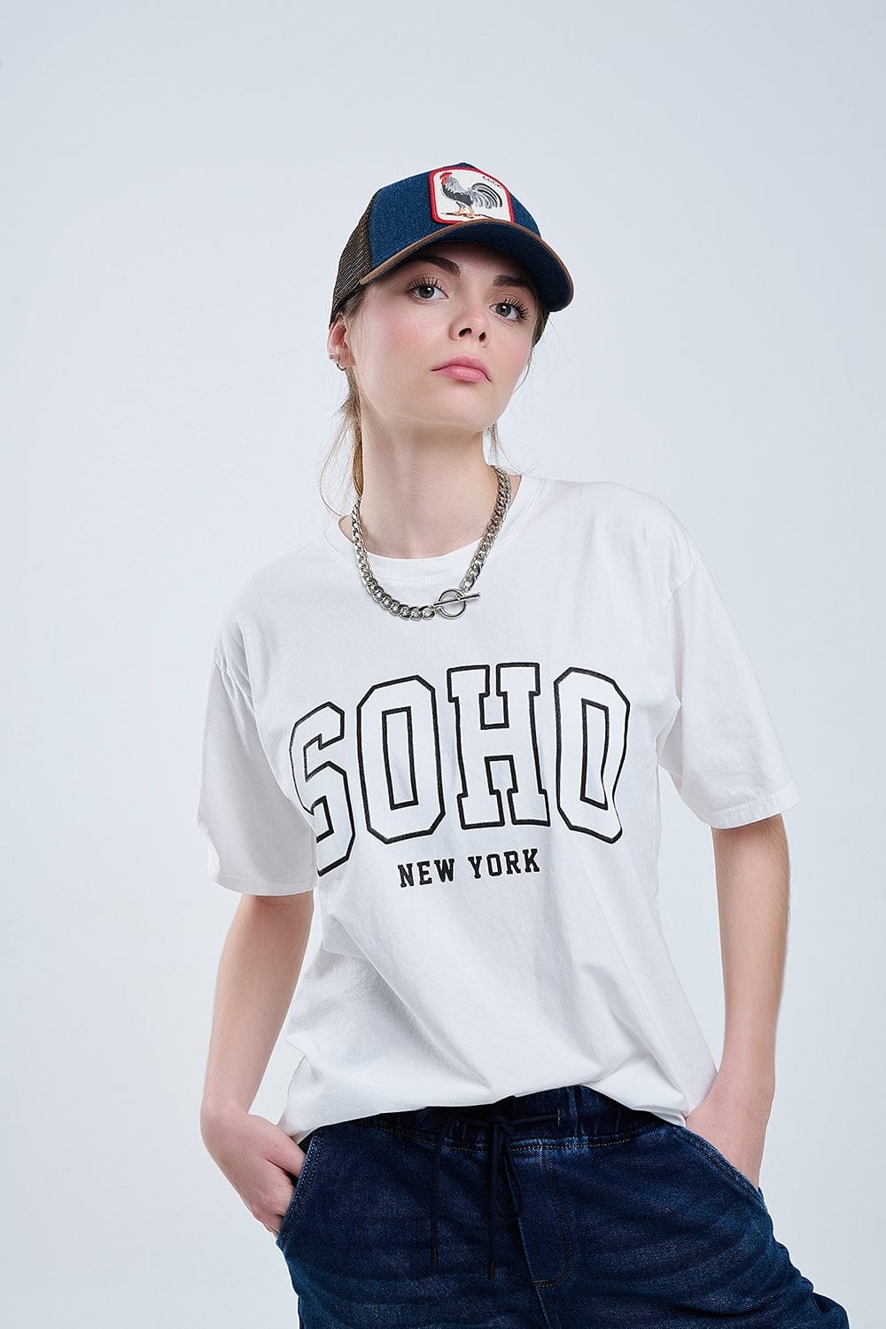 Q2 Women's Tees & Tanks One Size / White Oversized White T-Shirt With Soho New York At The Front