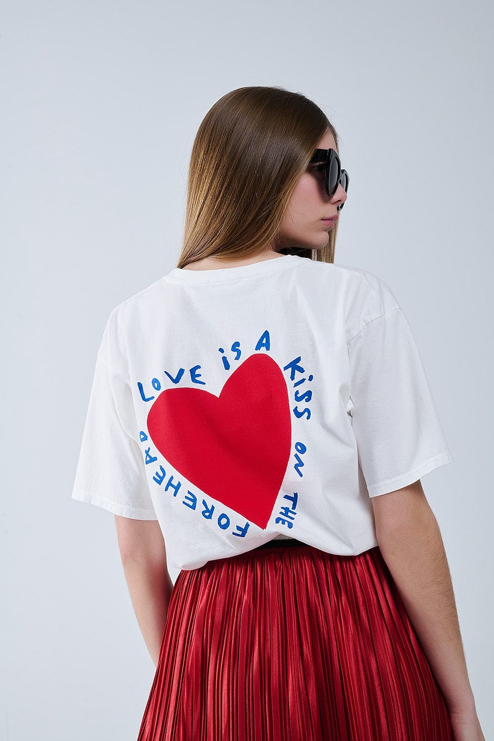 Q2 Women's Tees & Tanks One Size / White Relaxed White T-Shirt Featuring A Heart Design On Both The Front And Back